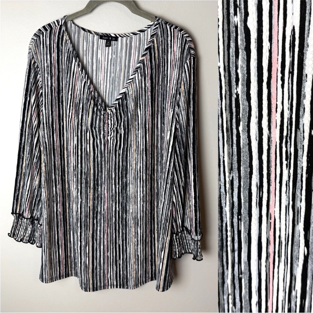 Sami & Jo Blouse Size XL Top 3/4 Sleeves V-Neck Stretch Black Gray Pink Tan